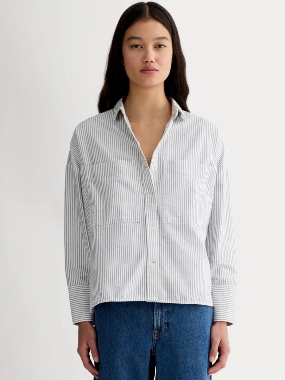 Everlane The Boxy Oxford Black And White Stripe 100% Organic Cotton Top Size L - Picture 3 of 12
